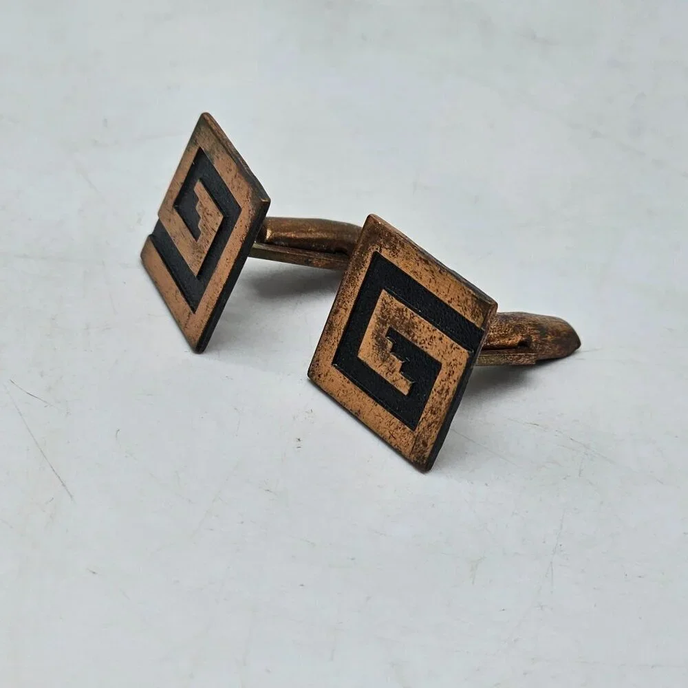 Vintage Cufflinks Copper Toned Square With Geometric Spiral